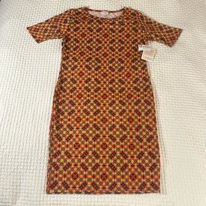 LuLaRoe Women’s Julia Dress/Size: Large/Red-Orange-Black 'Firey' Geometric (NWT)